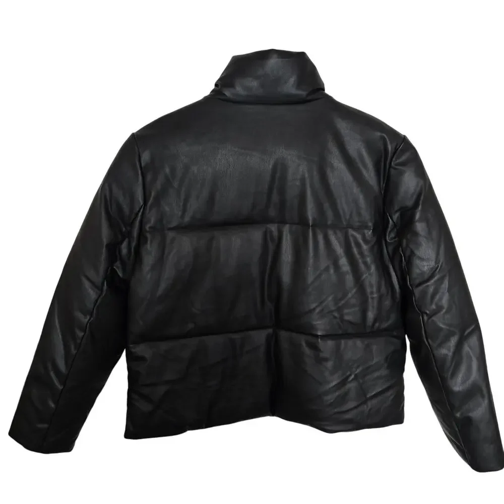 New Levi Strauss Faux Leather Short Puffer Zip up Black Women's Jacket Size XL - Picture 4 of 11